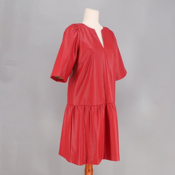 ANN TAYLOR Faux Leather Peplum Dress Split Neck Beaming Blush Red Size 8 - Picture 3 of 8